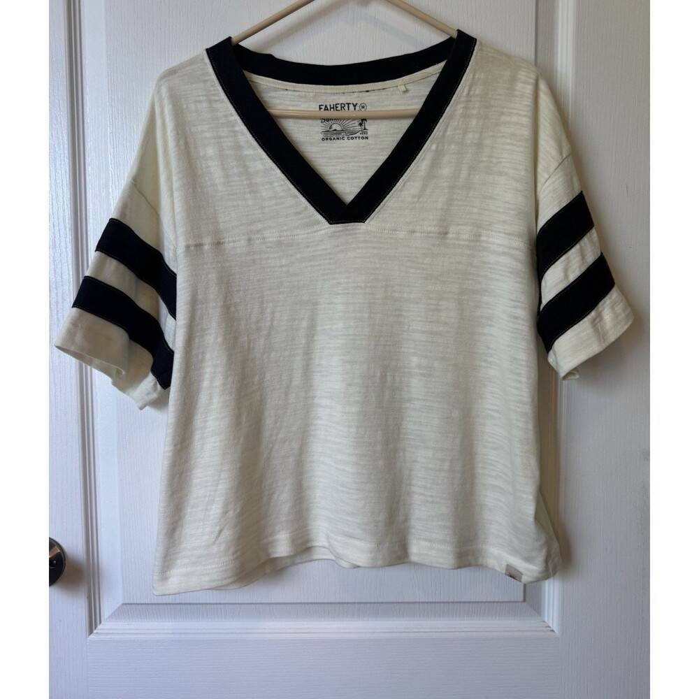 NWOT Faherty  Slub Varsity V Neck Tee Size Medium Striped Organic Cotton - Picture 2 of 13